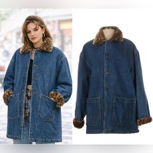 Vintage Cache 90s Denim Chore Jacket Leopard Fur Trim Collar Cuffs Coat USA Y2K